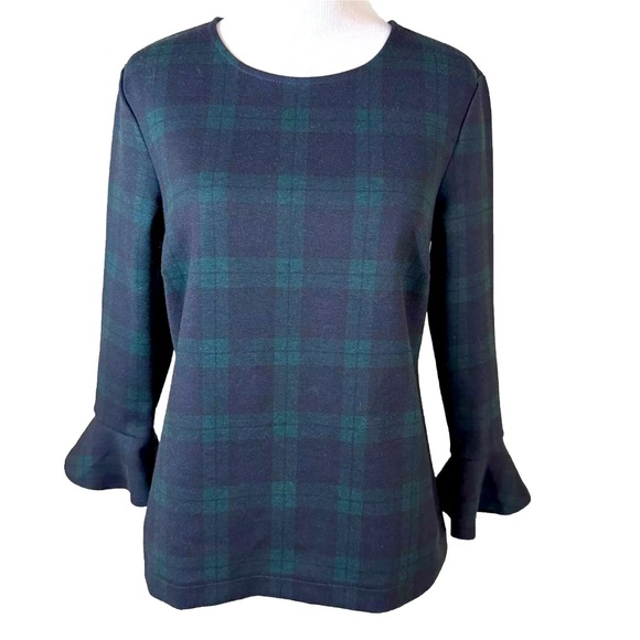 Ann Taylor Tartan Plaid Holiday Top Bell Sleeves Womens XS - Picture 1 of 6